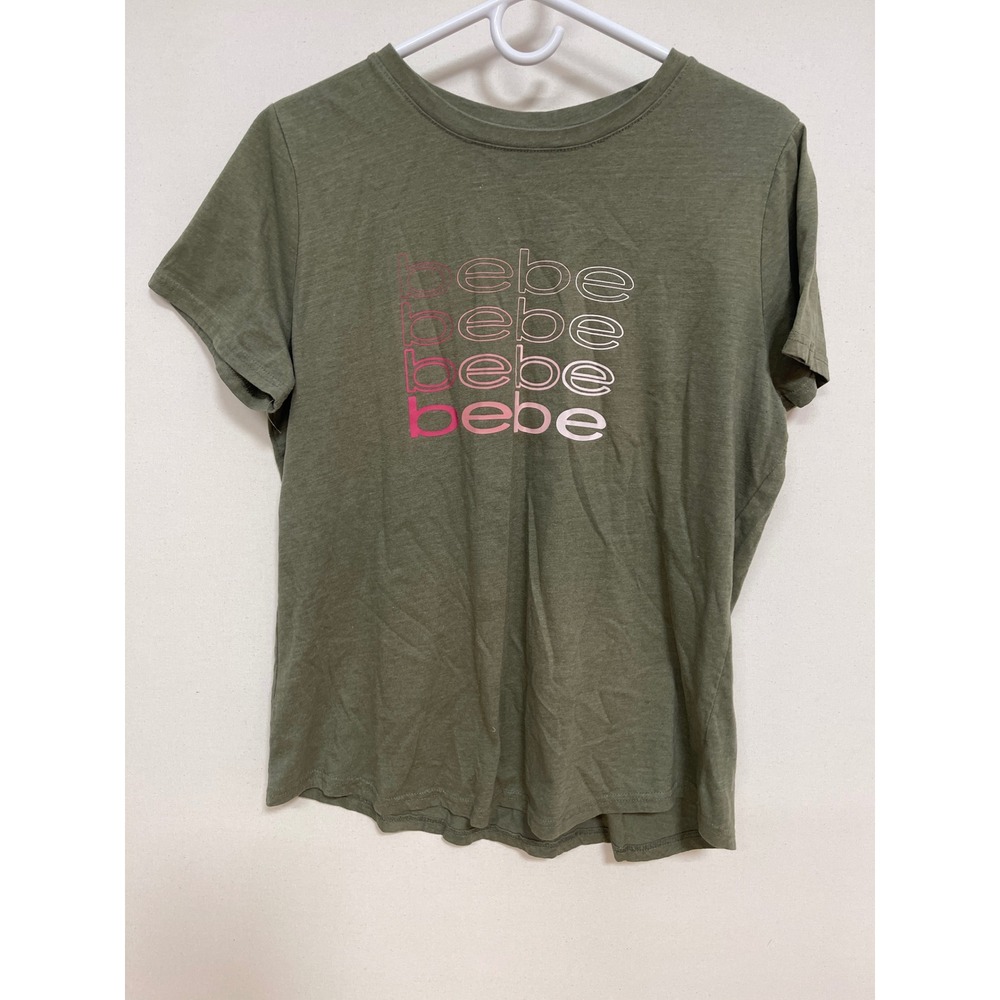 Bebe Sport Womens 1X Olive Green Graphic T-Shirt Pink Gradient Logo Short Sleeve